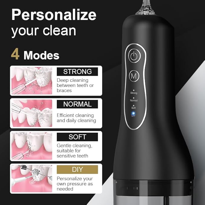 MAIDUOO Portable Water Flosser with 4 Modes & Nozzles, 260ml Leak-Proof Tank, IPX7 Waterproof, 30-Day Battery - Ideal for Family, Travel & Sensitive Gums,Black