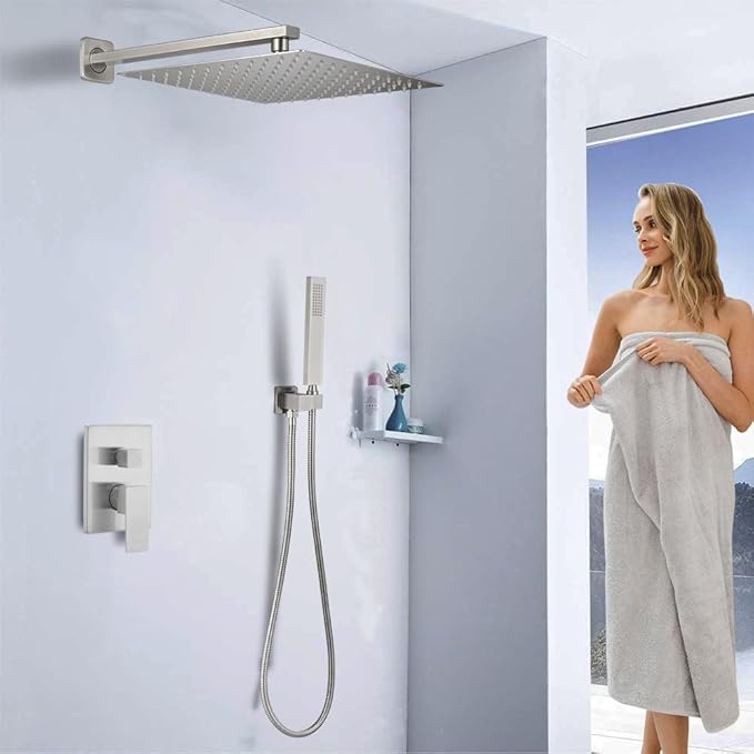 YCAIKOI Shower Faucet Set 16 Inch Wall Mount Rain Shower System, All Metal Shower Fixtures - Brushed Nickel