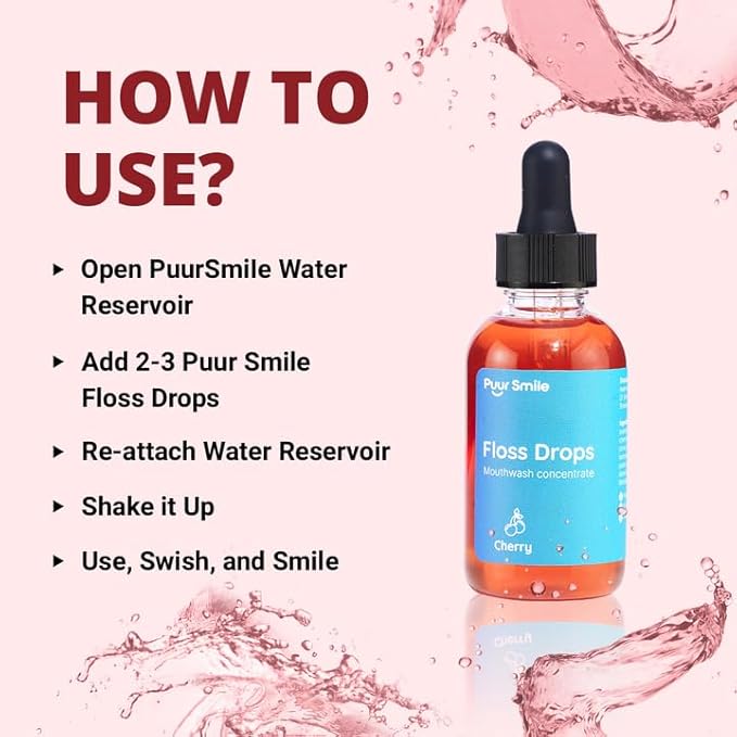 Concentrated Floss Drop Serum – 2oz Concentrated Mouth Wash to Use in Water Flosser | Natural Essentials Promotes Good Breath | Organic Drop Provides Good Oral Health (Cherry Flavor)