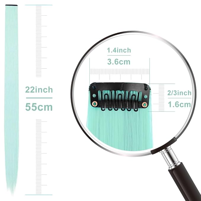 Colored Hair Extensions 14 PCS, 22 In Mint Green Clip in Hair Extensions St Patricks Day Party Highlights, Light Teal Synthetic Hairpieces for Girls Women Kids Cosplay Gift(Light Green)