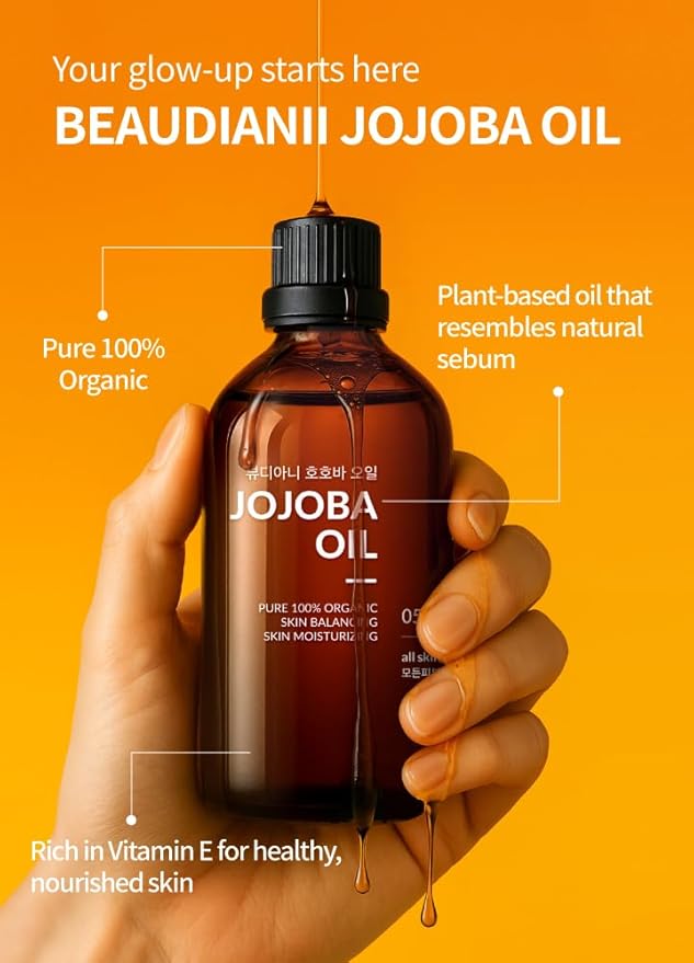 BEAUDIANI Organic jojoba Oil 100ml (3.38 fl.oz) 100% Pure Organic Natural Golden Oil, Cold Pressed Virgin, Vitamin E Oil, Moisturizer for Skin, face, Body, Hair, Nail, Israel Origin