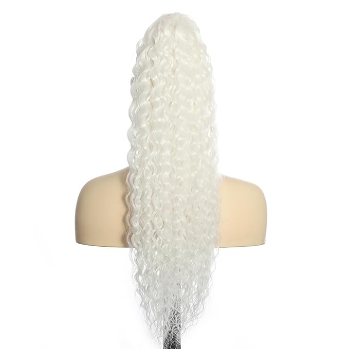 Deep Wave Ponytail Extension for Women 12 Inch White Curly Wavy Ponytail Hair Extensions Drawstring with Clips Short Synthetic Hairpiece for Daily and Party