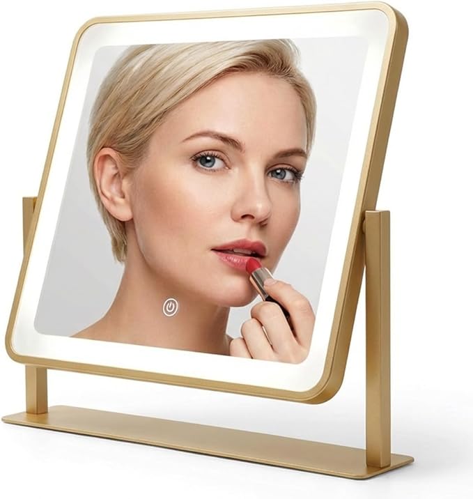 Vanity Mirror with Lights, 14"×12" Makeup Mirror with Lights, LED Makeup Mirror, Brightness Adjustable, Smart Touch with 3 Color Lighting Modes, for Bedroom Tabletop - Gold