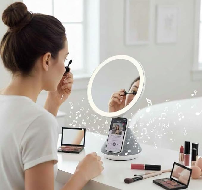 UNNO Vanity Mirror with 15W Wireless Charger and Speaker, LED Lighted Makeup Mirror, 3 Lighting Modes, Adjustable Brightness