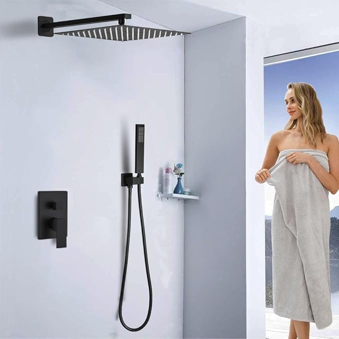 YCAIKOI Shower Faucet Set 16 Inch Wall Mount Rain Shower System, All Metal Shower Fixtures - Matte Black