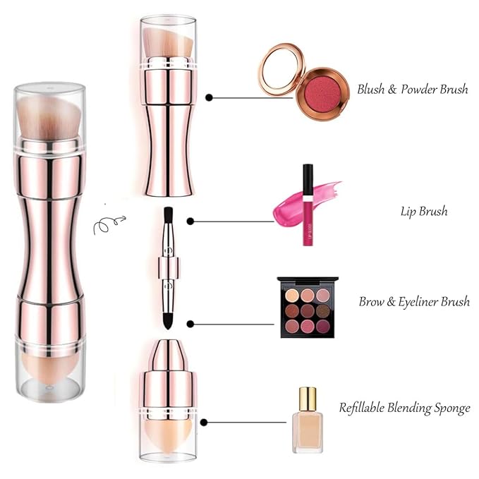 Bling Toman 4 in 1 Makeup Brush, Eyeshadow Eye Lip Face Concealing Blush Foundation Brush All in One Retractable Travel Size Makeup Brush Set (rose gold brush)