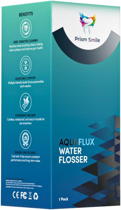 AquaFlux Water Flosser, Cordless Dental Irrigator with 6 Modes, 240ml Tank, IPX7 Waterproof, 30-Day Battery Life, 8 Tips Included