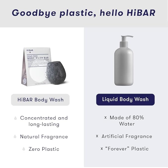 HIBAR - Clarify Solid Body Wash Bar - Detoxify & Purify - With Activated Charcoal & Salicylic Acid - Daily Use & Sensitive Skin - Plastic, Paraben & Soap-Free - Vegan - Cedarwood + Moss