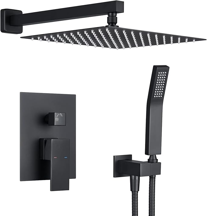 Artiqua Rain Shower System 12 Inches Shower Combo Set Black Wall Mount Faucet Bathroom Faucets with Rainfall Shower Head and Hand Shower