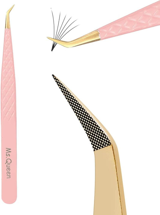 Ms.Queen Lash Tweezers for Eyelash Extensions, Professional Curved Tip Lashing Tweezers for Isolation and Individual Volume Lashes Extension