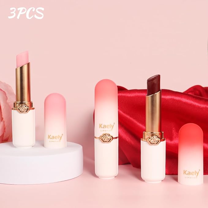 evpct 3Pcs Color Changing Lipstick Long Lasting Waterproof 24 Hours Original for Women, Peach Strawberry Black Red Cherry Pink PH Mood Permanent Color Changing Lipstick Lip Balm, labial magico