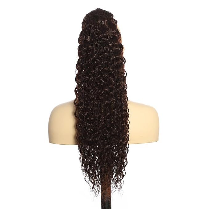 Deep Wave Ponytail Extension for Women 24 Inch Black Brown Curly Wavy Ponytail Hair Extensions Drawstring with Clips Short Synthetic Hairpiece for Daily and Party