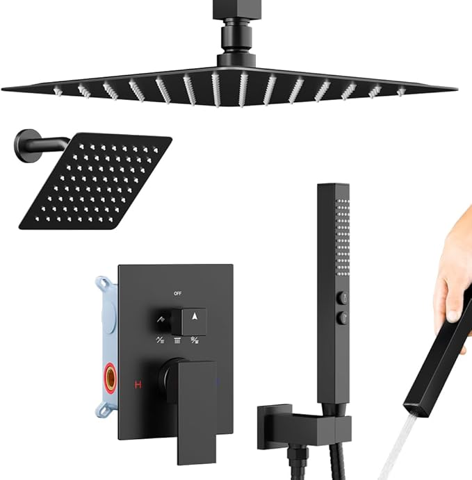 Shower Faucet Set, 12" Rain Shower System with Handheld and Ceiling Mount 6" Rainfall Shower Head, Can Use 2 Modes Together for Two People, 3 Way Shower Valve with 5 Diverter Complete, Matte Black