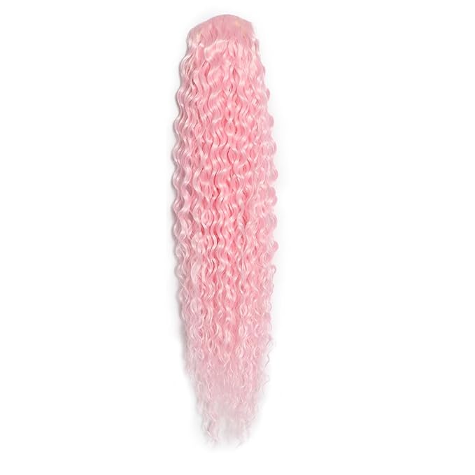 Deep Wave Ponytail Extension for Women 24 Inch Light Pink Curly Wavy Ponytail Hair Extensions Drawstring with Clips Short Synthetic Hairpiece for Daily and Party