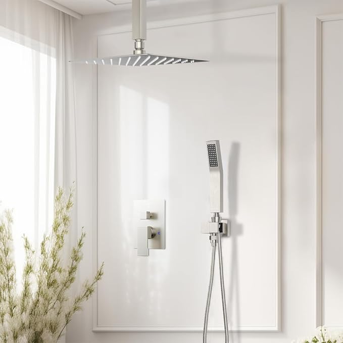Shower Faucet Set Brushed Nickel Shower System, Starbath 10 Inch Rain Shower Head and Handheld Spray Shower Set Complete Ceiling Mounted,2 Way Pressure Balance Shower Valve and Trim Kit Included