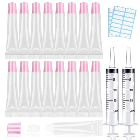 AMORIX 50PCS Lip Gloss Tubes 20ml Pink Cap Lip Gloss Containers Empty Lip Balm Tubes Refillable Cosmetic Squeeze Lipgloss Tubes + 2 x 20ml Syringes Tag Labels for DIY Lip Gloss Glitter