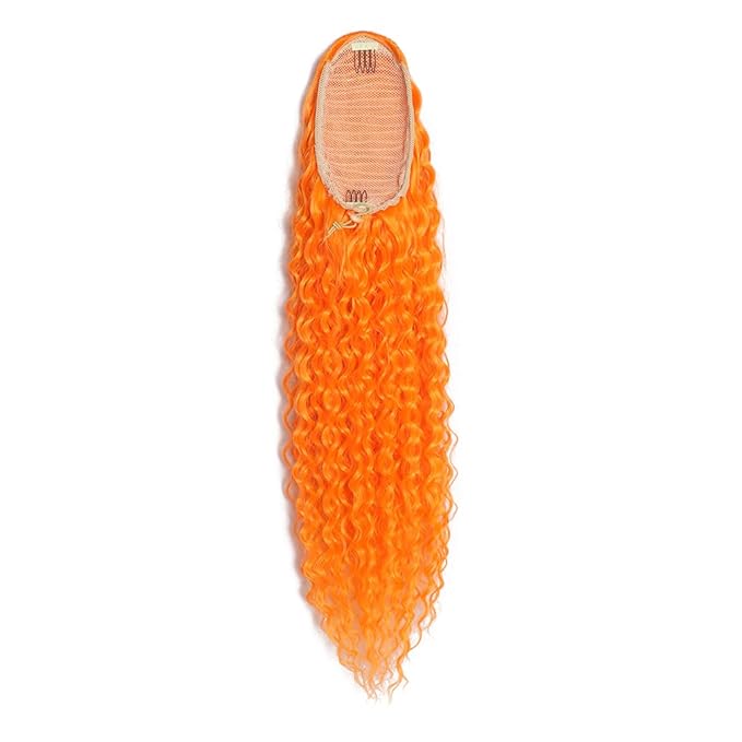 Deep Wave Ponytail Extension for Women 24 Inch Orange Curly Wavy Ponytail Hair Extensions Drawstring with Clips Short Synthetic Hairpiece for Daily and Party