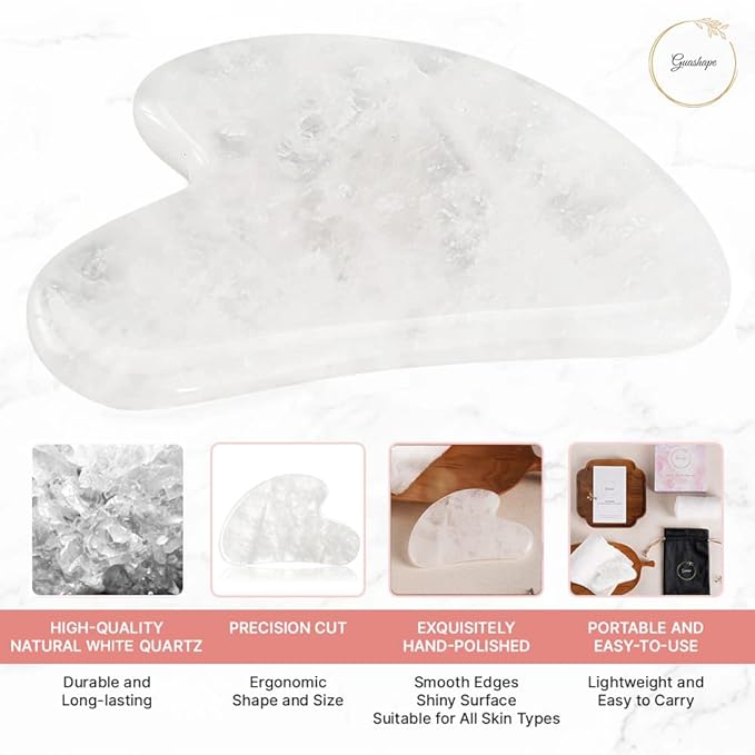 Natural White Quartz Gua Sha Facial Tools | Guasha Tool for Face Sculpting, Shaping, Reduce Puffiness, Tension Relief | Stone for Eyes, Face and Body