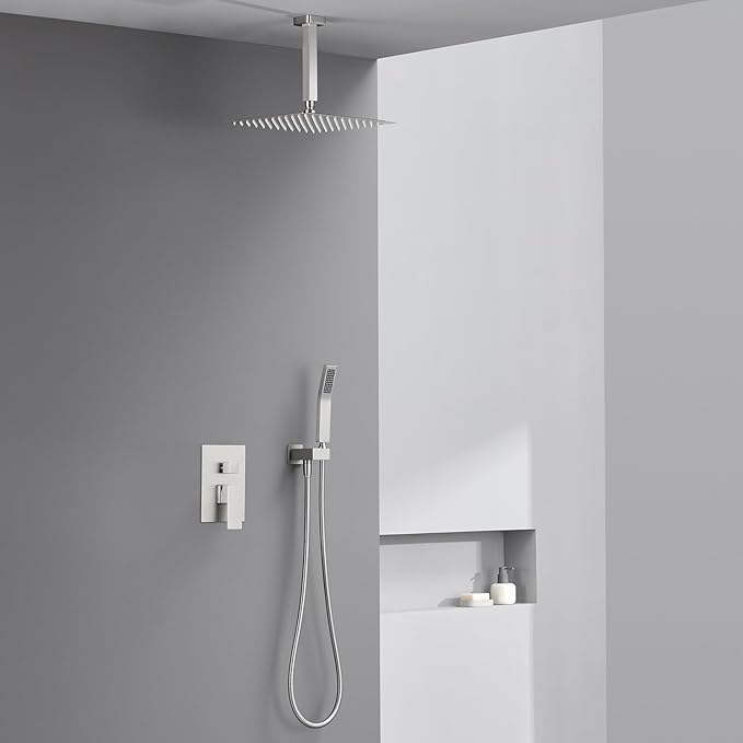 Artiqua Shower System 12 Inches Rain Shower Combo Set Brushed Nickel Ceiling Mount Shower Faucet Bathroom Faucets with Rainfall Shower Head and Hand Shower