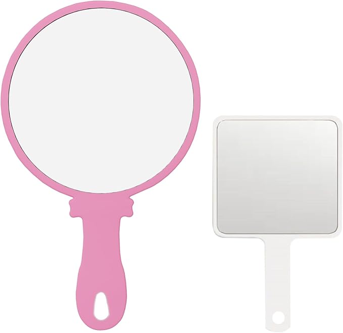 Hand Mirror 2 Pcs, Portable Hand Mirrors with Handle, See Back of Head Haircut Personal Handheld Mirror, Travel Small Makeup Lash Mirror, Mirrors for Women (Pink, 5.91" L x 9.84" W (Round))
