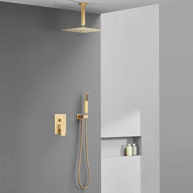 Artiqua Shower System 12 Inches Rain Shower Combo Set Brushed Gold Ceiling Mount Shower Faucet Bathroom Faucets with Rainfall Shower Head and Hand Shower
