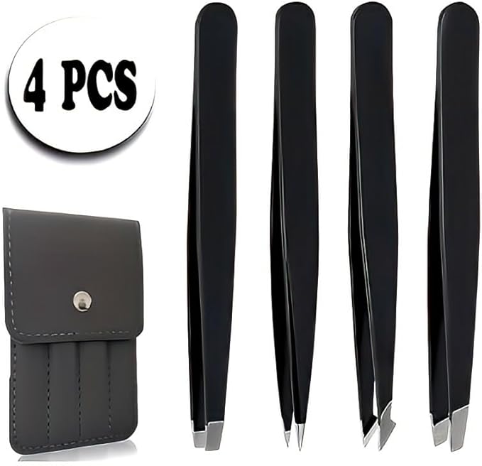 UM Supplies Tweezers Set 4 in 1 Pack l Professional Stainless Steel Tweezers for Eyebrows l Great Precision for Facial Hair, Splinter and Ingrown Hair Removal (Black)