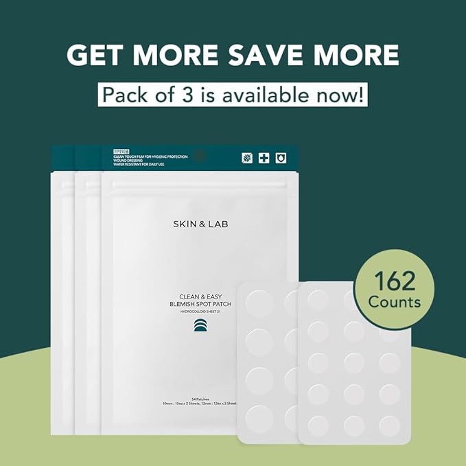 [SKIN&LAB] Clean & Easy Blemish Spot Patch (162 Count), Korean Pimple Patch, Hydrocolloid Spot for Acnes Blemishes, Two Sizes 10mm & 12mm, Made in Korea, Cruelty Free