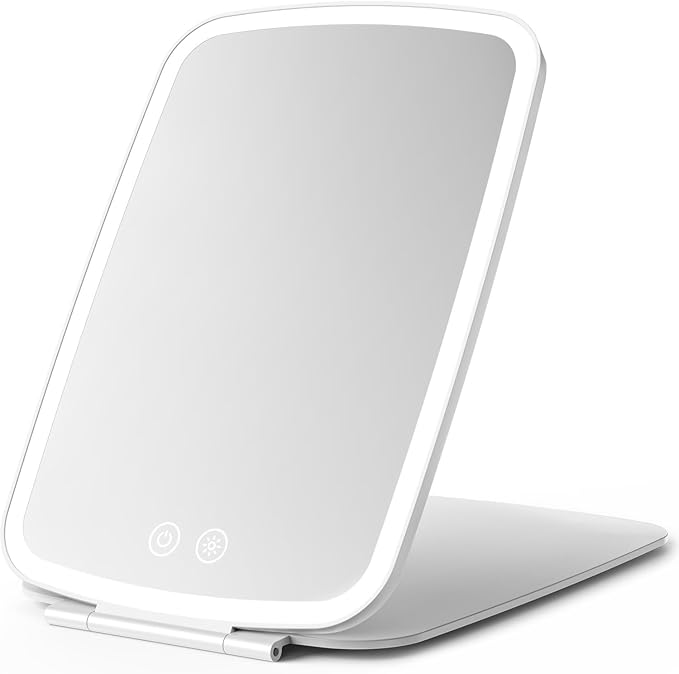 Rechargeable Folding Makeup Mirror with LED Lights, 10" x 7" Large View, 3 Lighting Modes, 2000mAh Battery & Magnetic Closure for Home & Travel (White)