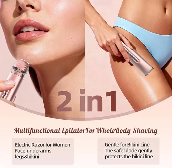 Bikini Trimmer for Women, 2 in 1 Electric Razors for Women, Bikini Shaver with Dual Heads, Body and Facial Hair Removal, IPX7 Waterproof Wet & Dry Use, for Face Chin Pubic Underarm Legs