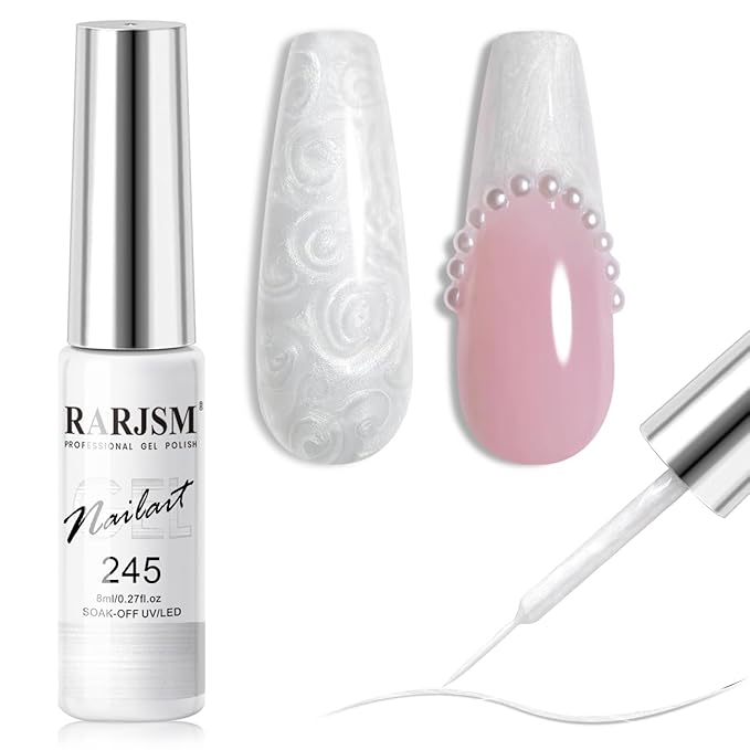 RARJSM Pearl White Gel Liner Nail Art Pearlescent Silver Shell Glitter Swirl Effect Gel Polish 8ml Build in Thin Brush Painted Drawing Striper Soak off Curing Requires for Home Salon