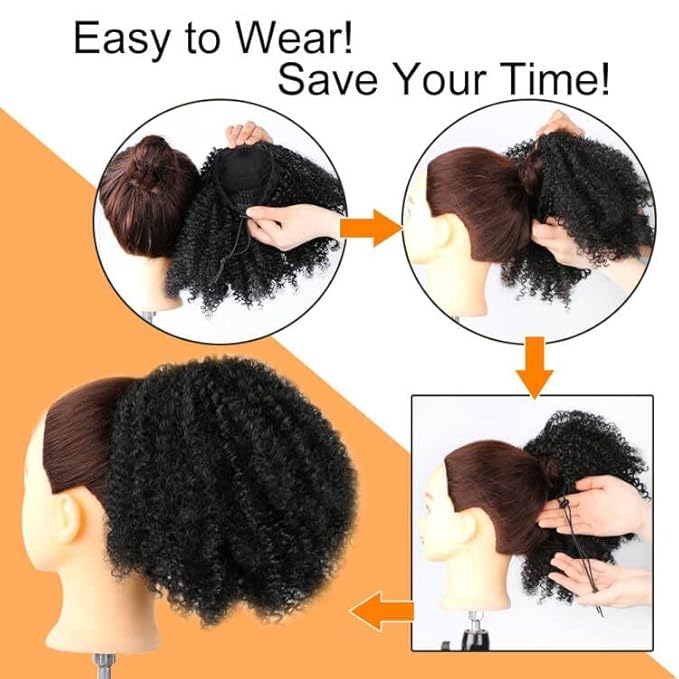 Drawstring Ponytail Afro Kinky Curly Ponytail for Black Women Short Wave Synthetic Ponytail Hair Extension (Black Brown #2)