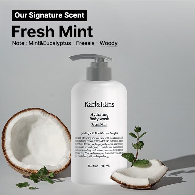 Karl&Hans Hydrating Body Wash – Refreshing Cleanser with Coconut-Derived Moisturizers, RICERA PDRN & Ceramide Complex, Pump Dispenser for Daily Ease (Fresh Mint)