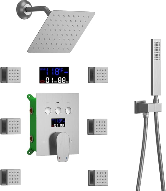 HONGTONGSOWER Bathroom Rainfall Shower System Wall Mount 8 Inch Shower Head With Handled Spray 6 Pcs jets Temperature Display Shower Faucet Set (Brushed Nickel)