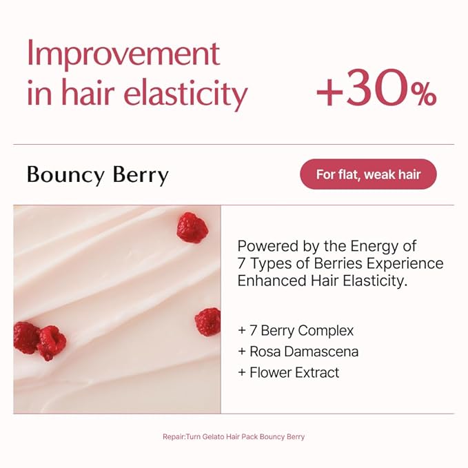 lilyeve REPAIRTURN Gelato Hair Pack, Milk, Egg & Protein for Hair Repair, Hair Mask for Split End Smoothing, Damaged Hair Treatment, Boost Hair Elasticity - Korean Hair Care, Bouncy Berry 6.76 fl.oz