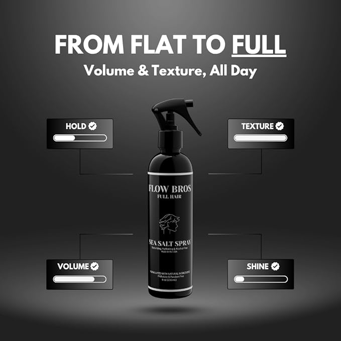 Flow Bros Sea Salt Spray for Hair – Texturizing & Volumizing Sea Salt Spray with Natural Ingredients, Vitamin B5 & Amaranth Seed Extract – Light Natural Finish, Alcohol, Paraben, Phthalate Free – 8oz