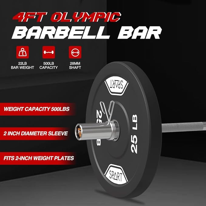 4FT Olympic Barbell Bar 47Inch Straight 2 Collars, 500Lbs Capacity 2 Inch