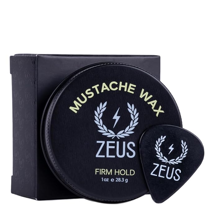 ZEUS Firm Hold Mustache Wax for Men, All-Day Hold & Moisturizing Grooming Mustache Wax with All Natural Ingredients & Application Pick (Made in USA) 1 oz.