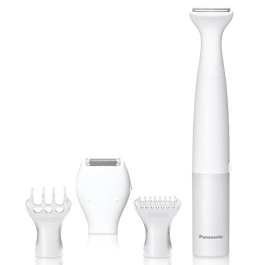 Panasonic Bikini Trimmer and Shaver for Women with 4 Attachments for Fast Easy Gentle Grooming in Intimate Areas, Use Wet/Dry, Electric Razor, Battery-Operated – ES-WV62-H (White/Silver)