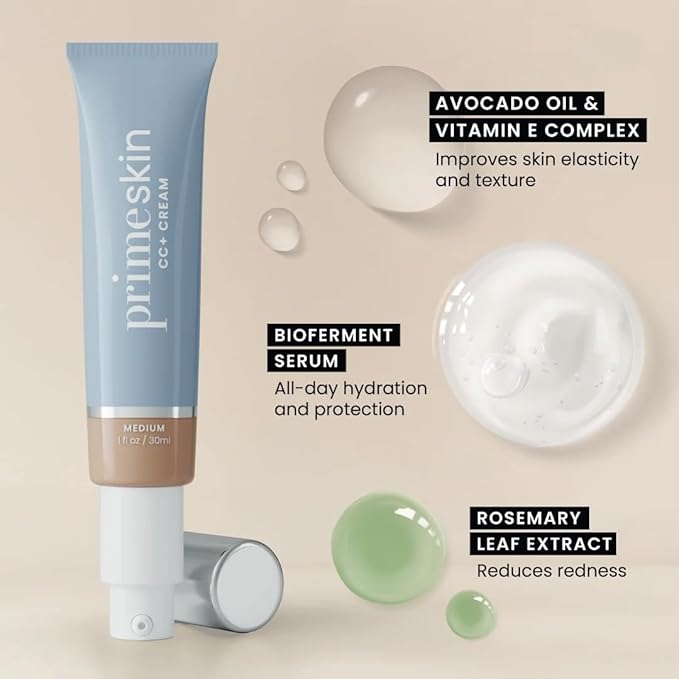 Prime Prometics PrimeSkin CC+ Cream for Mature Women – Lightweight Liquid-to-Powder Foundation – Blurs Pores & Covers Age Spots – Crease-Free, Hydrating & Soft-Matte Finish for Sensitive Skin (Tan)