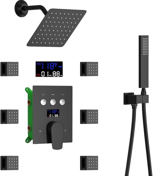 HONGTONGSOWER Bathroom Rainfall Shower System Wall Mount 8 Inch Shower Head With Handled Spray 6 Pcs jets Temperature Display Shower Faucet Set (Matte Black)