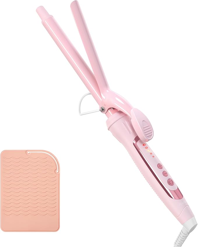 0.75 Inch Curling Iron, 5 Temperature Settings, Professional Spring Hair Iron for All Hair Types, Max 430℉ with Heat Resistant Mat (3/4 Inch Pink)