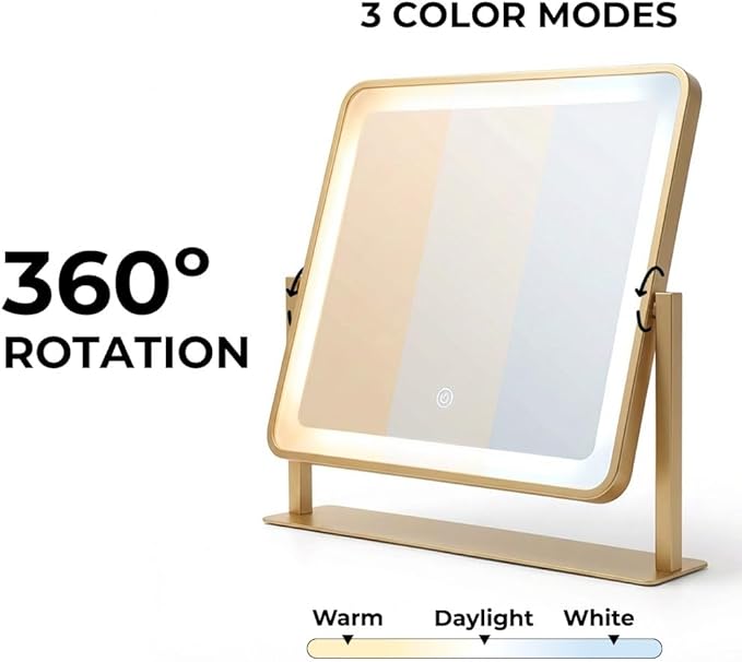 Vanity Mirror with Lights, 14"×12" Makeup Mirror with Lights, LED Makeup Mirror, Brightness Adjustable, Smart Touch with 3 Color Lighting Modes, for Bedroom Tabletop - Gold