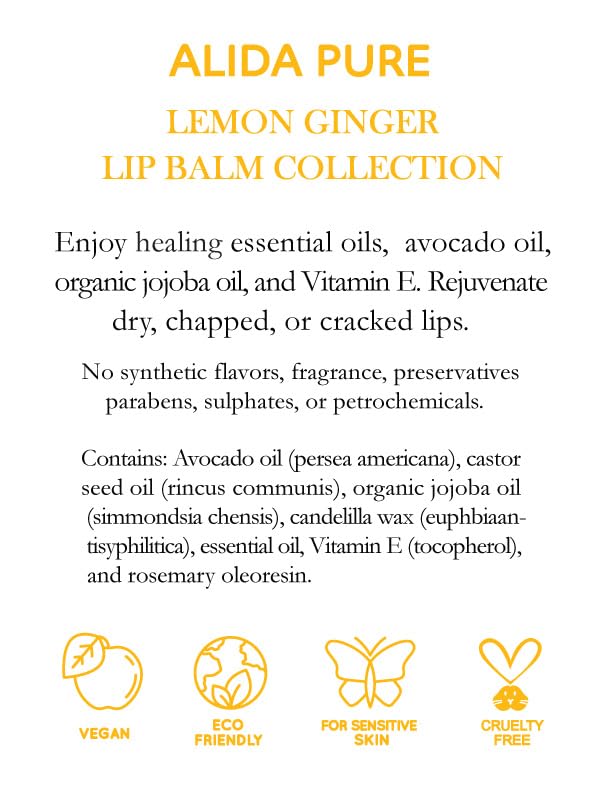 ALIDA PURE Lemon Ginger Lip Balm Collection, Vegan Set, Bees Wax Free, with Organic Jojoba and Avocado Oil, Vitamin E, Natural Moisturizer For Dry, Cracked, or Chapped Lips, 3 Tube Set