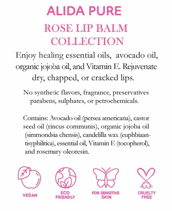 ALIDA PURE Rose Lip Balm Collection, Vegan Set, Beeswax Free, with Organic Jojoba and Avocado Oil, Vitamin E, Natural Moisturizer for Dry, Chapped Lips, 3 Tube Set