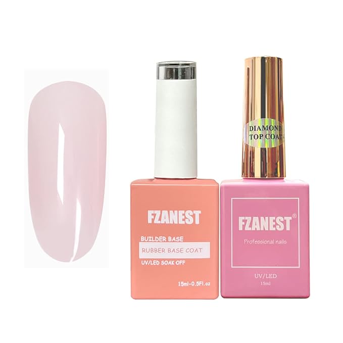 FZANEST Nude Builder Gel For Nails and Diamond Top Coat Set,Natural Base Color Rubber Base Gel Polish High Shine Finish Kit,Self-leveling Nail Structure Extension Gel No Wipe Top