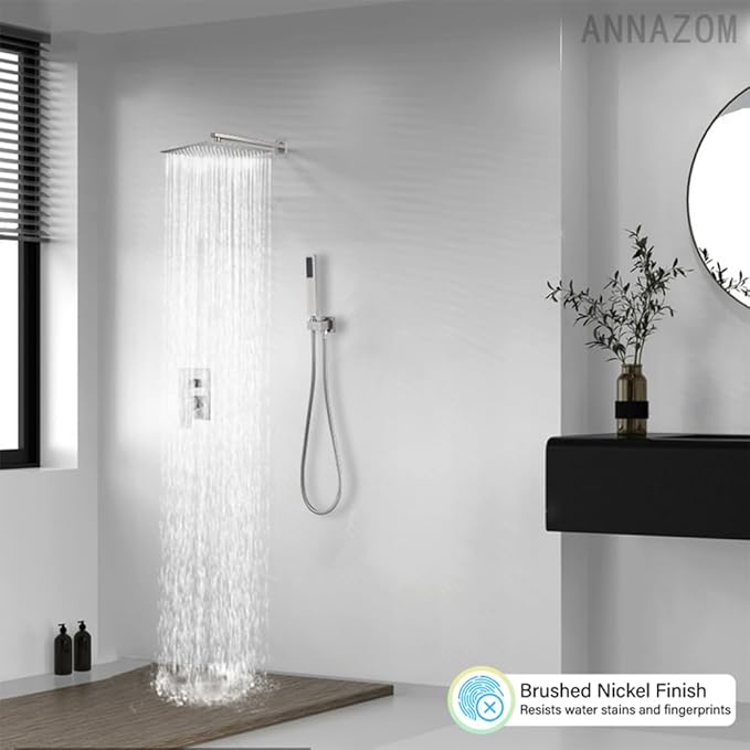 annazom Brushed Bathroom Luxury Rain Mixer Combo Set Wall Mounted Rainfall Shower Head System, Shower Head System Shower Faucet Rough-in Valve Body and Trim Included