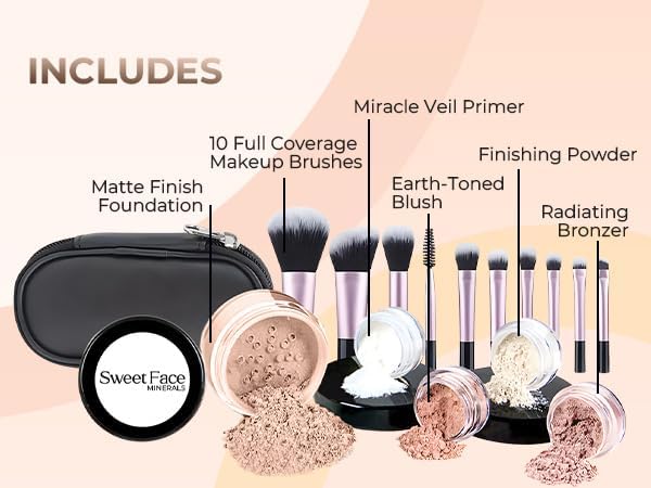 16pc Beginner Mineral Makeup STARTER KIT with 10 BRUSH SET (5gm)Sample Size Foundation, Primer, Blush, Bronzer, Setting Powder for Learning, Occasional Use & First Time Users, Travel Size Kit (Fair 2)