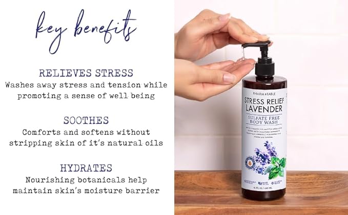 PHARM TO TABLE Stress Relief Lavender Body Wash for Women and Men Softens and Soothes the Skin, Sulfate Free, 100% Cruelty Free, 480ml