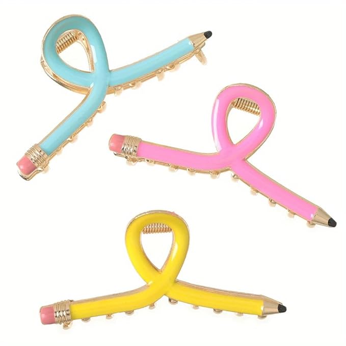3Pcs Pencil Hair Clips for Women Teacher Hair Clips for Thick & Thin Hairs Pencil Claw Clip Teacher Barrettes Accessories for Styling Back to School Gifts for Girlfriend Sister