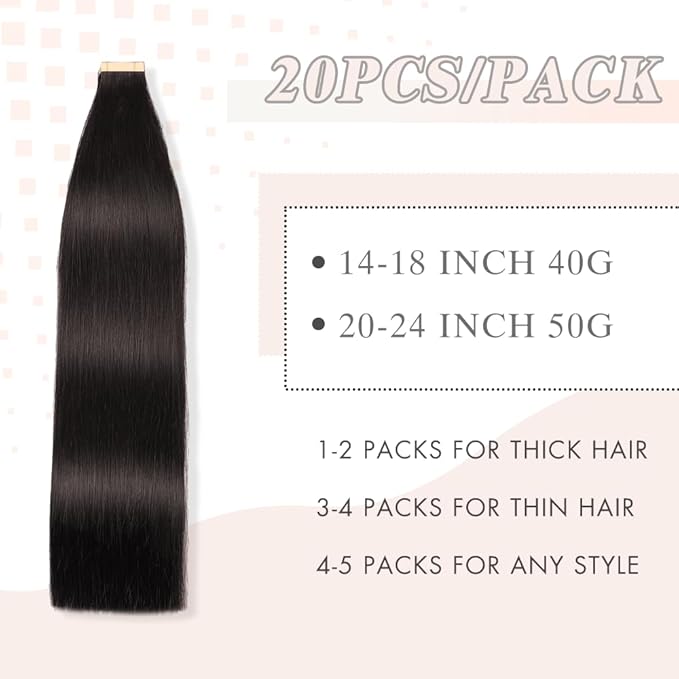Human Hair Tape in Extensions Jet Black 14 Inch 20pcs Seamless Skin Weft Tape in Hair Extensions Double Sided Remy Invisible Tape in Hair Extensions Human Hair Straight (1#,14 Inch)